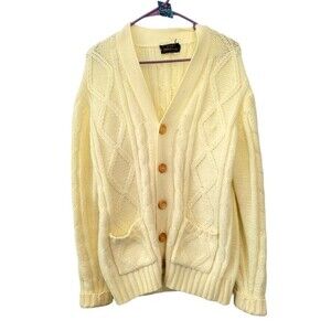 Gold Circle Vintage Cream Cable Knit Chunky Cardigan Sweater Size Large